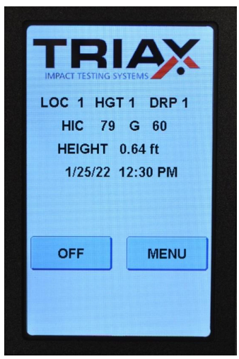 The wireless handheld controller for the Triax Touch gMax Impact tester shows data after each test